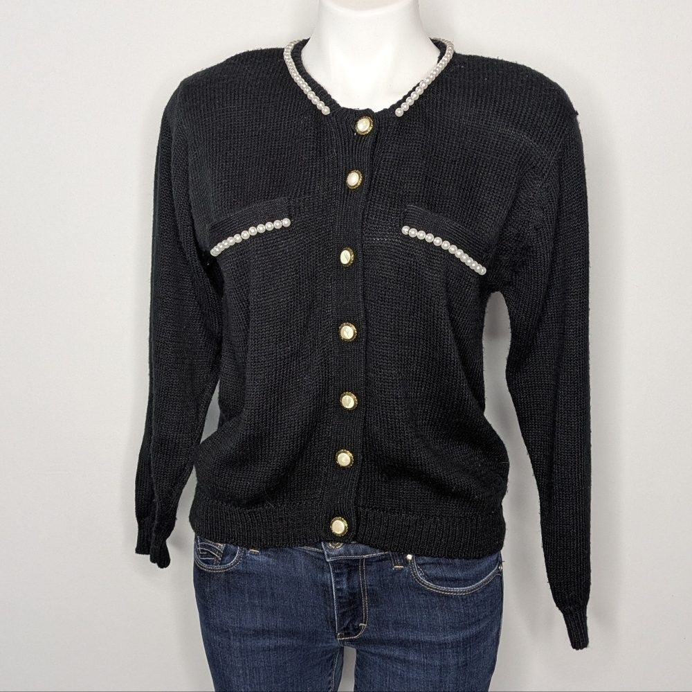 Vintage Cristina Black White Pearl Button Up Long Sleeve Cardigan Sweater M